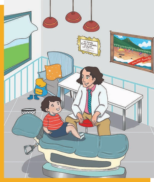 A doctor and child in the dentist 's office.